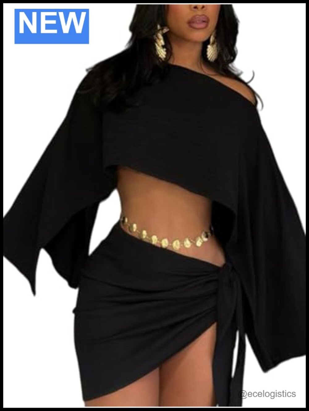 2 Piece Summer Outfit Batwing Sleeve Crop Top Tie Side Mini Skirt Set Vacation